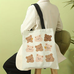 Cartoon Bear Print Shoulder Bag Canvas Satchel Lightweight Shopper Bag