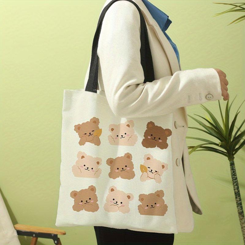 Cartoon Bear Print Shoulder Bag Canvas Satchel Lightweight Shopper Bag