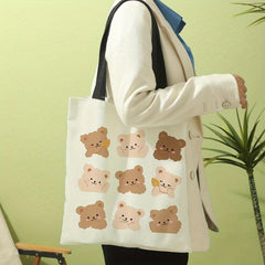Cartoon Bear Print Shoulder Bag Canvas Satchel Lightweight Shopper Bag