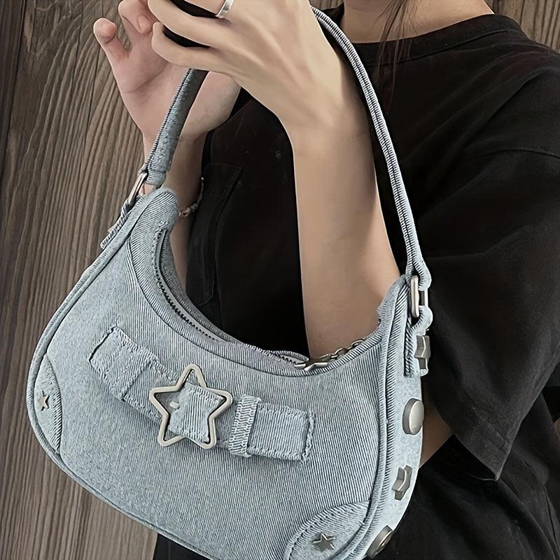 Y2K Denim Underarm Bag Star Decor Crescent Shoulder Purse