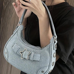 Y2K Denim Underarm Bag Star Decor Crescent Shoulder Purse