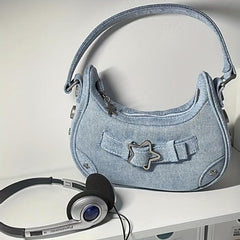 Y2K Denim Underarm Bag Star Decor Crescent Shoulder Purse