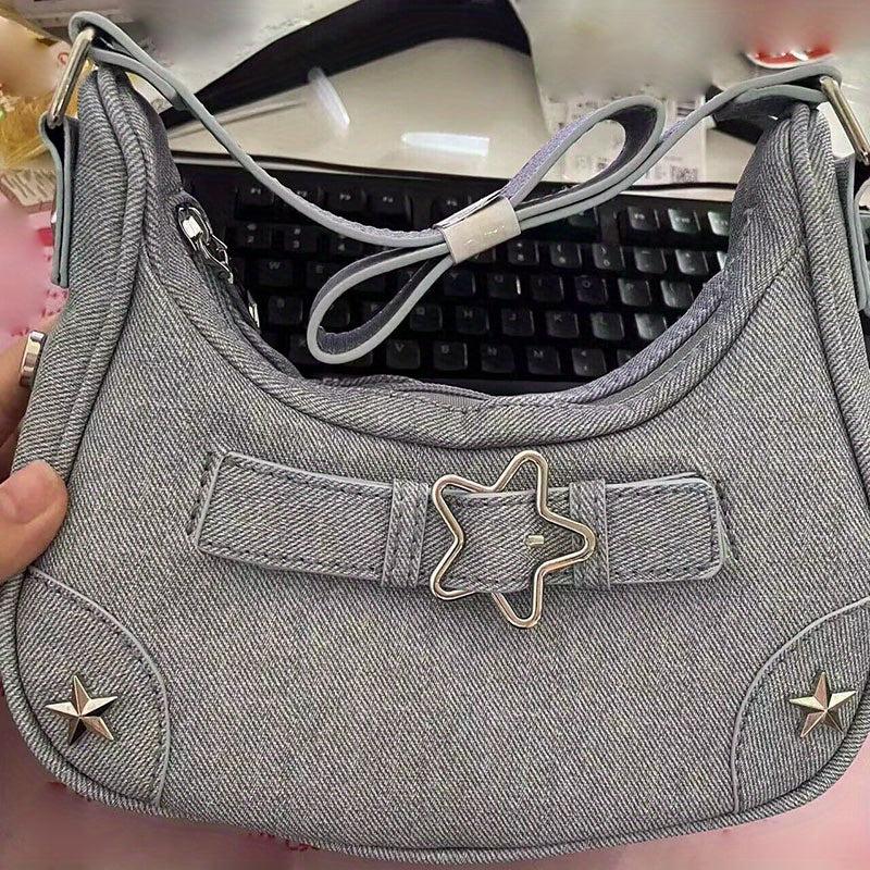 Y2K Denim Underarm Bag Star Decor Crescent Shoulder Purse
