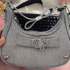 Y2K Denim Underarm Bag Star Decor Crescent Shoulder Purse