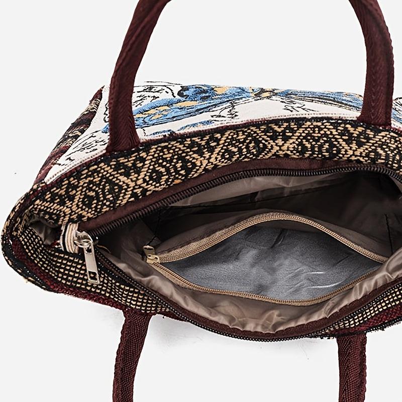 Vintage Print Handbag Casual Purse Zipper Stylish Bag Fixed Straps