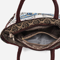 Vintage Print Handbag Casual Purse Zipper Stylish Bag Fixed Straps