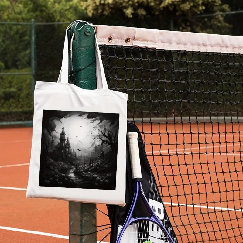 Dark Castle Print Canvas Shoulder Bag Halloween All Match