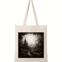 Dark Castle Print Canvas Shoulder Bag Halloween All Match
