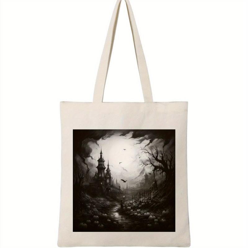 Dark Castle Print Canvas Shoulder Bag Halloween All Match