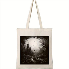 Dark Castle Print Canvas Shoulder Bag Halloween All Match