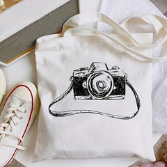 Camera Painting Canvas Tote Bag Eco Friendly Reusable Shoulder Bag