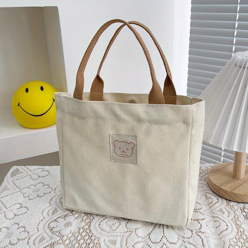 Bear Patch Decor Tote Bag Canvas Lunch Box Bag for Work Picnic School