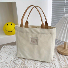 Bear Patch Decor Tote Bag Canvas Lunch Box Bag for Work Picnic School