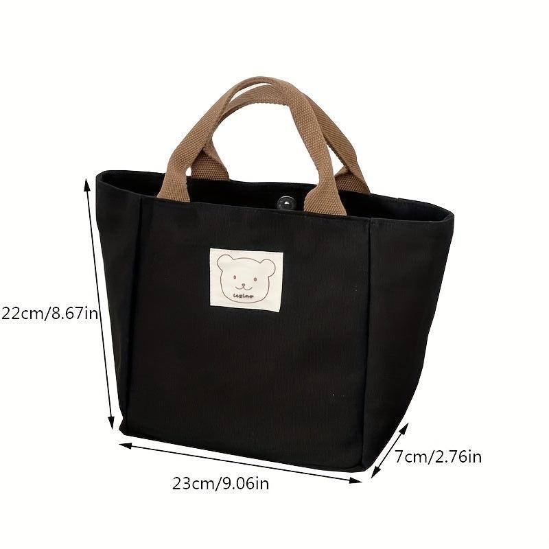 Bear Patch Decor Tote Bag Canvas Lunch Box Bag for Work Picnic School