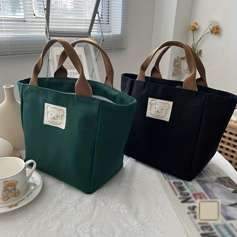 Bear Patch Decor Tote Bag Canvas Lunch Box Bag for Work Picnic School