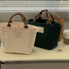 Bear Patch Decor Tote Bag Canvas Lunch Box Bag for Work Picnic School