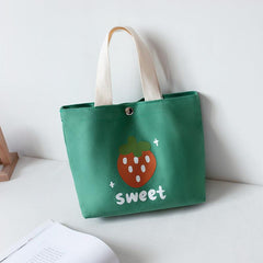 Cartoon Strawberry Pattern Canvas Bag Lightweight Handbag Satchel Lunch Bag