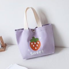 Cartoon Strawberry Pattern Canvas Bag Lightweight Handbag Satchel Lunch Bag