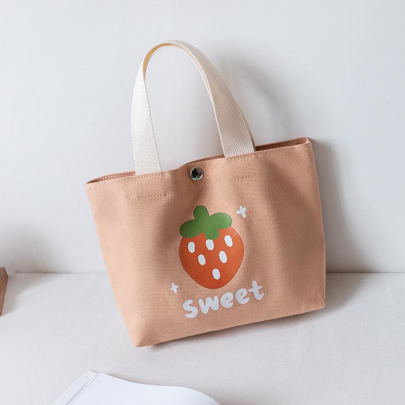 Cartoon Strawberry Pattern Canvas Bag Lightweight Handbag Satchel Lunch Bag
