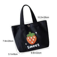 Cartoon Strawberry Pattern Canvas Bag Lightweight Handbag Satchel Lunch Bag