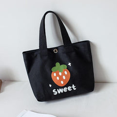 Cartoon Strawberry Pattern Canvas Bag Lightweight Handbag Satchel Lunch Bag