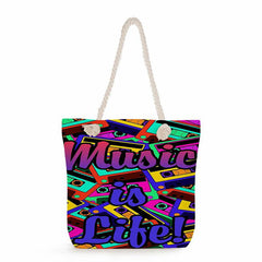 Music Note Piano Print Tote Bag Rope Strap Heavy Duty Reusable Shopping Bag