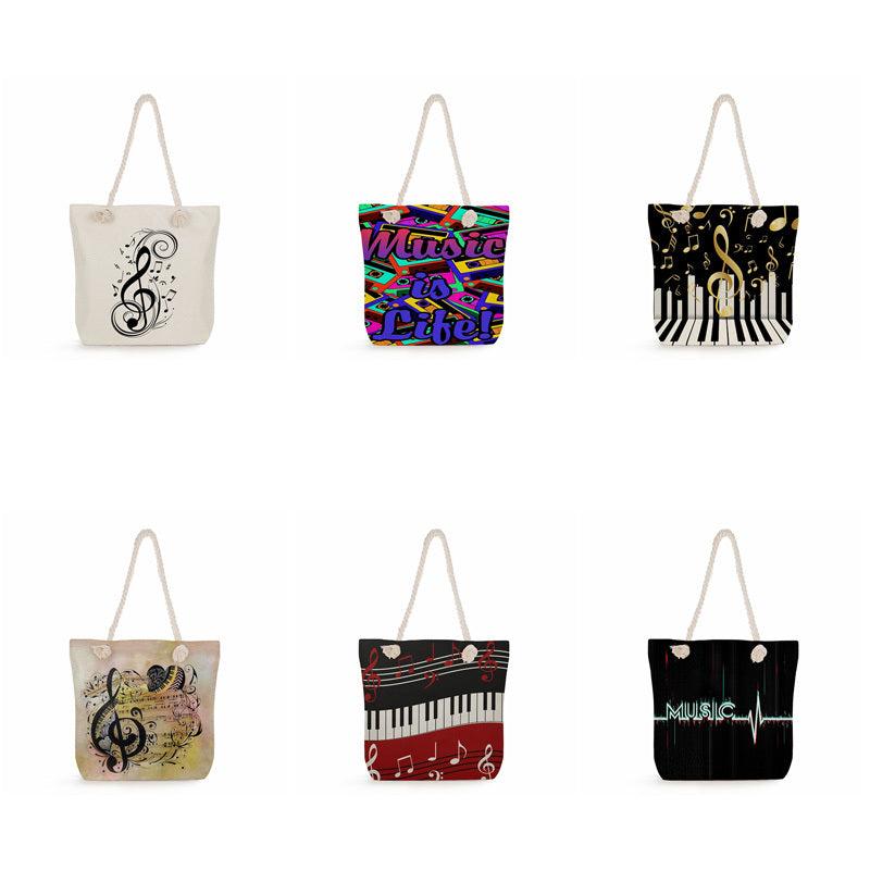 Music Note Piano Print Tote Bag Rope Strap Heavy Duty Reusable Shopping Bag