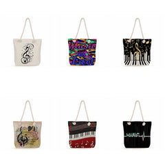 Music Note Piano Print Tote Bag Rope Strap Heavy Duty Reusable Shopping Bag