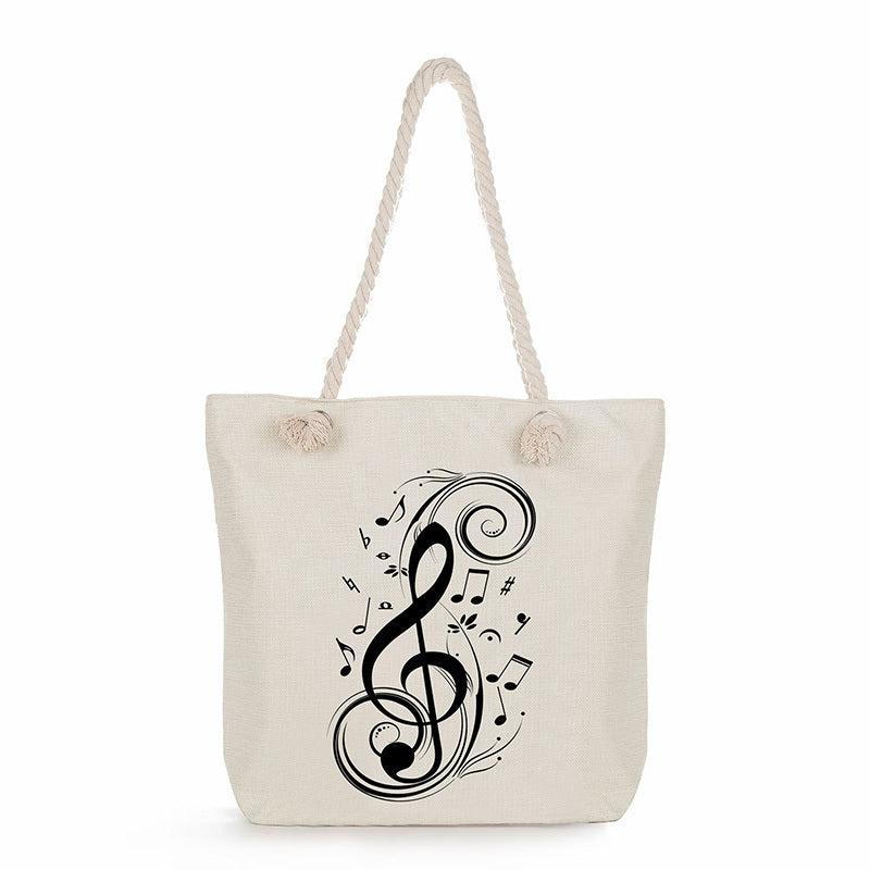 Music Note Piano Print Tote Bag Rope Strap Heavy Duty Reusable Shopping Bag