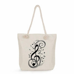 Music Note Piano Print Tote Bag Rope Strap Heavy Duty Reusable Shopping Bag
