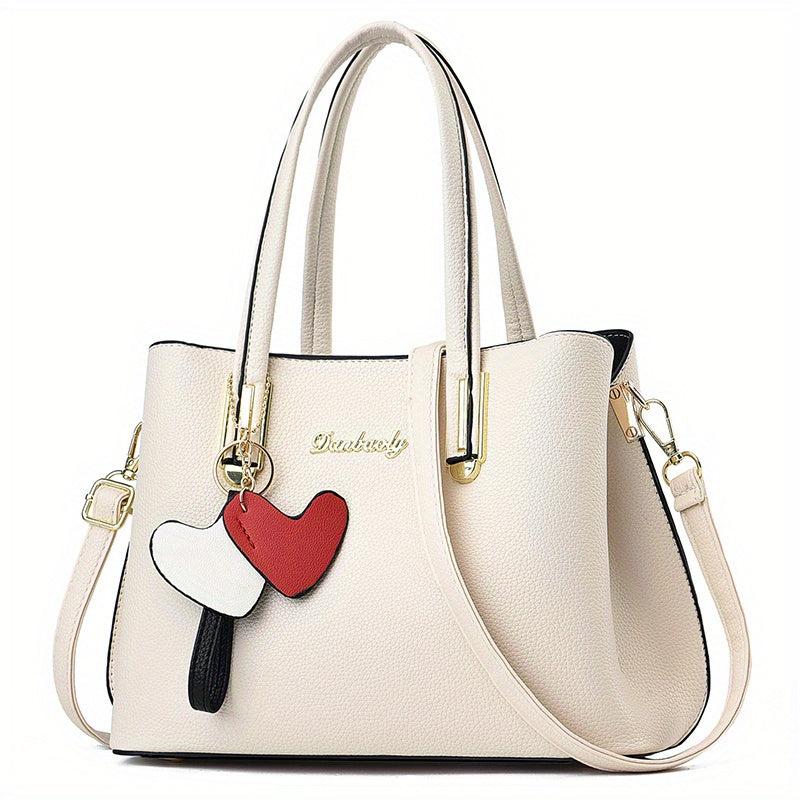 Solid Handbag Storage Satchel Bag With Love Pendant
