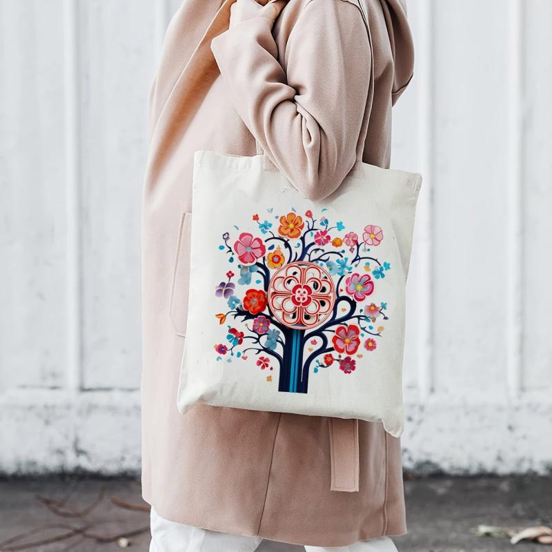 Vintage Flower Pattern Canvas Shoulder Bag Lightweight Shopping Bag