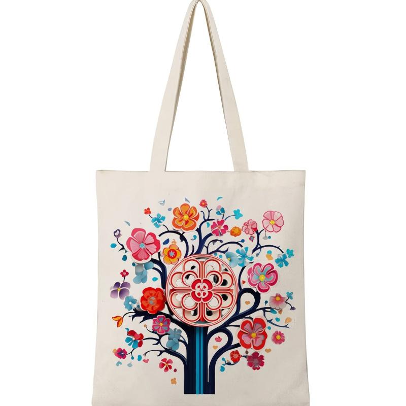 Vintage Flower Pattern Canvas Shoulder Bag Lightweight Shopping Bag
