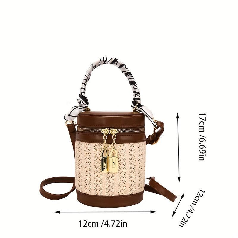 Textured Cylinder Crossbody Bucket Handbag