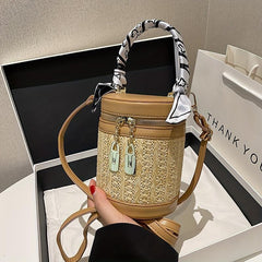 Textured Cylinder Crossbody Bucket Handbag