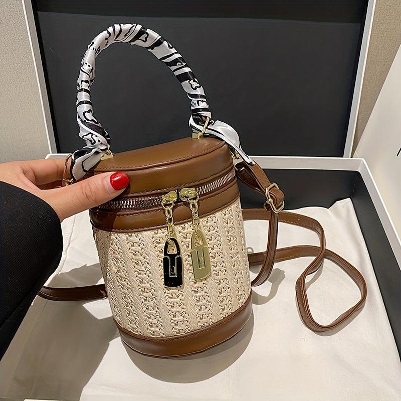 Textured Cylinder Crossbody Bucket Handbag