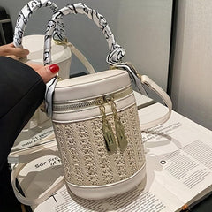 Textured Cylinder Crossbody Bucket Handbag