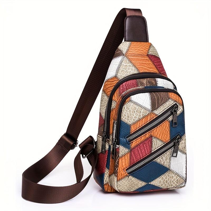 Colorblock Stitching Sling Bag Crocodile Embossed Chest Purse
