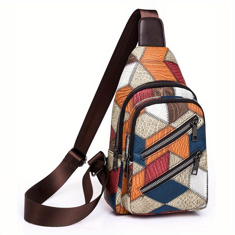 Colorblock Stitching Sling Bag Crocodile Embossed Chest Purse