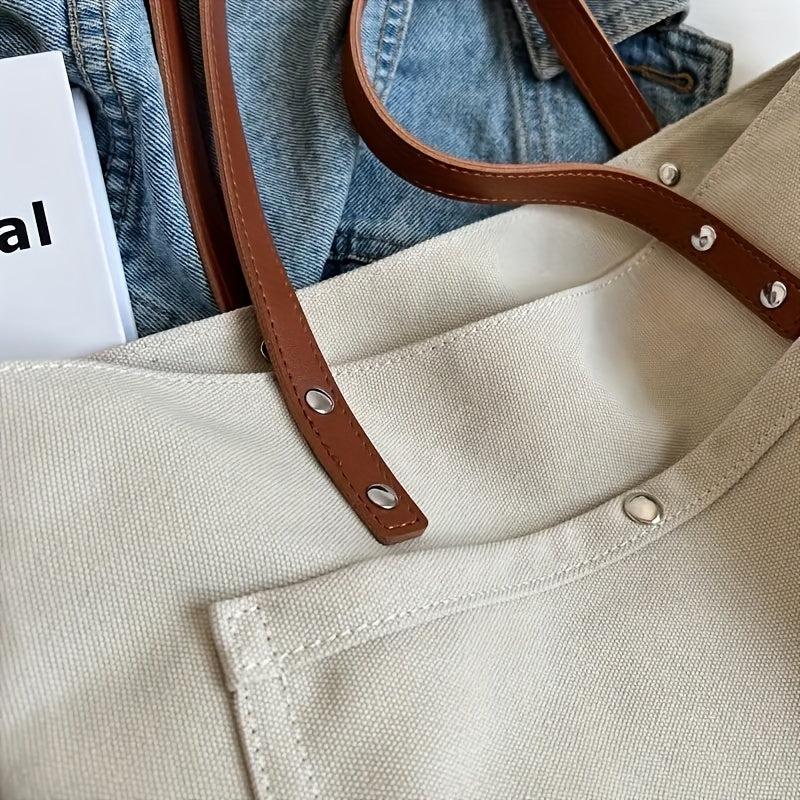 Solid Canvas Handbag Tote Bag Large Capacity Zippered Shoulder Bag