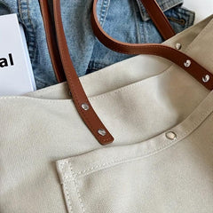 Solid Canvas Handbag Tote Bag Large Capacity Zippered Shoulder Bag