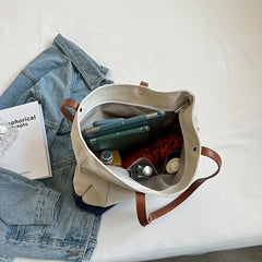 Solid Canvas Handbag Tote Bag Large Capacity Zippered Shoulder Bag