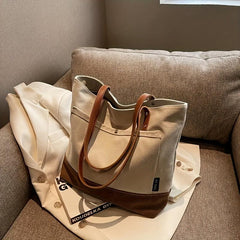 Solid Canvas Handbag Tote Bag Large Capacity Zippered Shoulder Bag