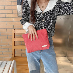 Corduroy Clutch Bag Striped Travel Storage Cosmetic Purse