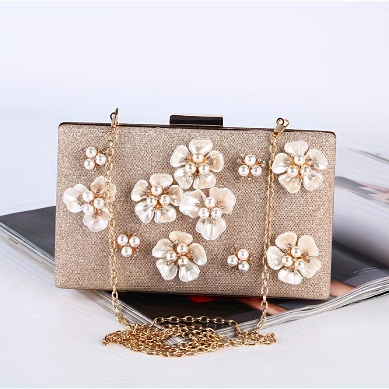 Glittery Pearl Flower Clutch Purse for Wedding Party