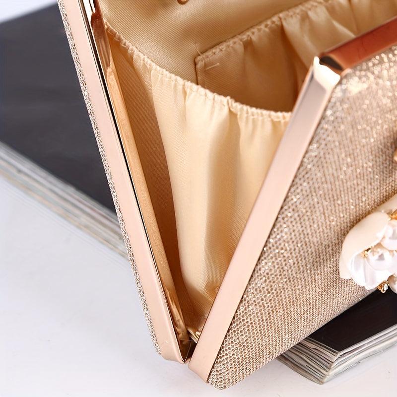 Glittery Pearl Flower Clutch Purse for Wedding Party