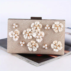 Glittery Pearl Flower Clutch Purse for Wedding Party