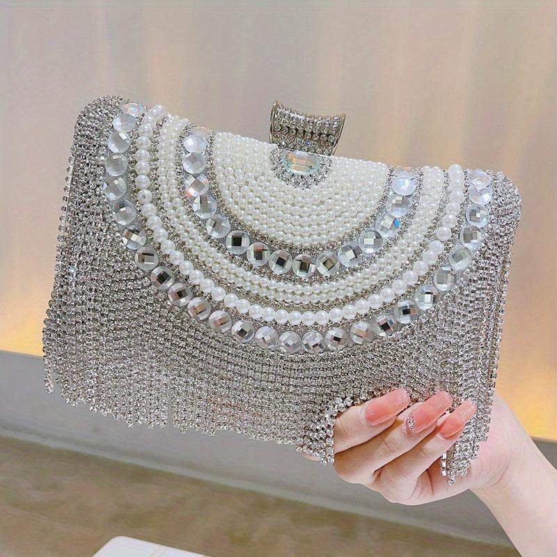 Pearl Rhinestone Tassel Minaudiere Evening Bag