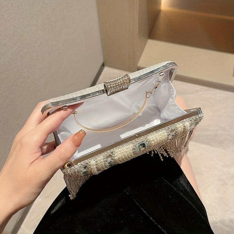Pearl Rhinestone Tassel Minaudiere Evening Bag