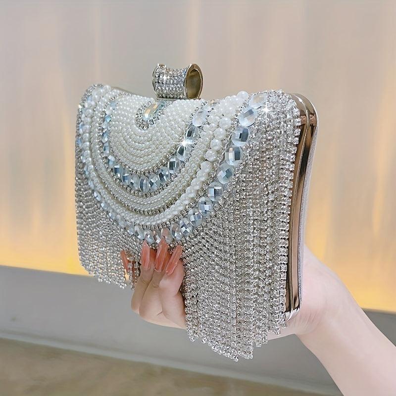 Pearl Rhinestone Tassel Minaudiere Evening Bag